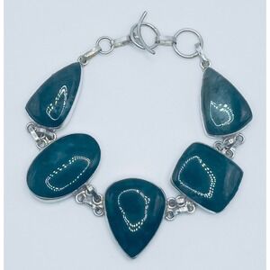 Sterling Silver Bluegreen Moss Agate Gemstone Panel Bracelet Toggle Clasp